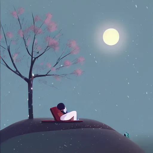 Image similar to Man sleeping under a sakura tree during a full moon by goro fujita, digital art