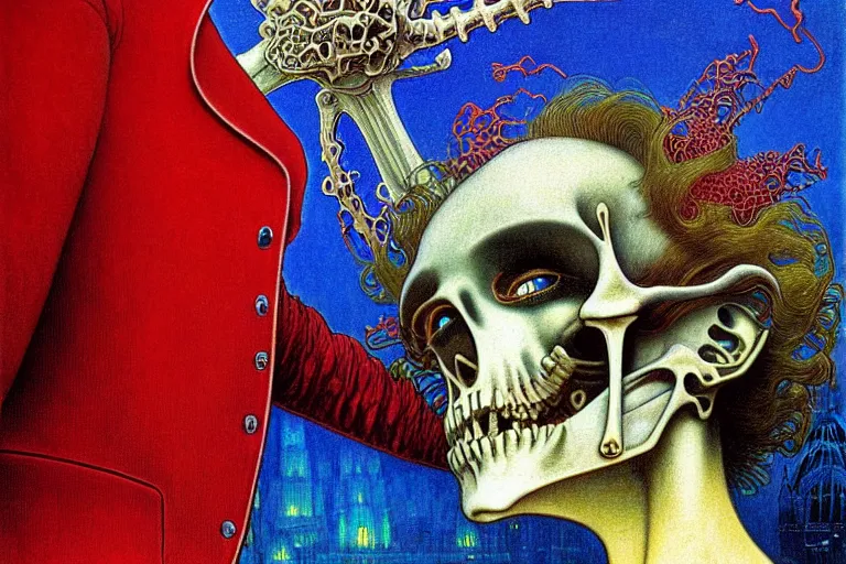 Image similar to realistic detailed closeup portrait painting of a single skeleton wearing red velvet blazer in a crowded futuristic moscow street by Jean Delville, Amano, Yves Tanguy, Alphonse Mucha, Ernst Haeckel, Edward Robert Hughes, Roger Dean, rich moody colours, blue eyes