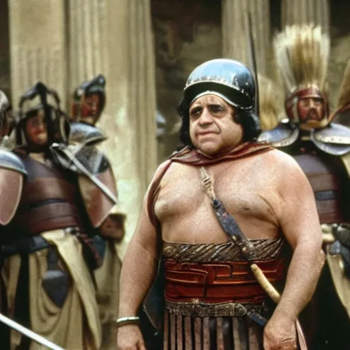 Image similar to danny devito as a roman praetorian in the streets of ancient rome, color film still