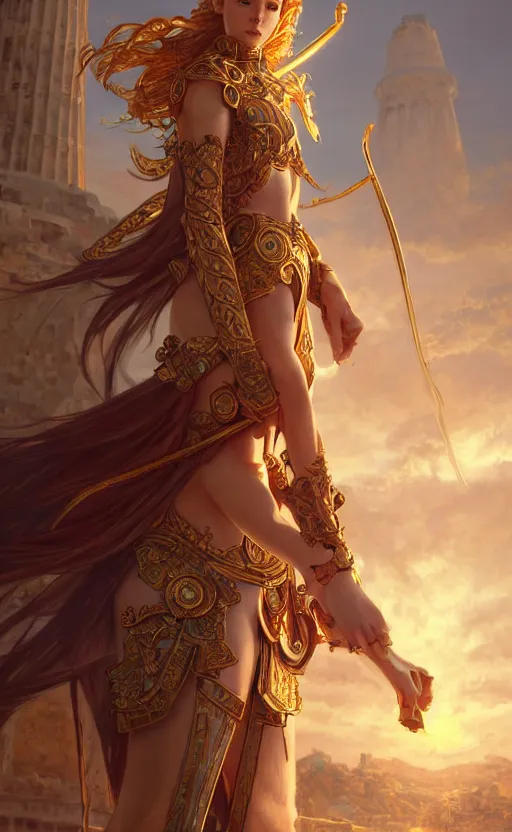 Prompt: portrait knights of zodiac girl, golden and copper shining armor, karate pose, in ruined agora of athens sunrise, ssci - fi and fantasy, intricate and very very beautiful and elegant, highly detailed, digital painting, artstation, concept art, smooth and sharp focus, illustration, art by tian zi and wlop and alphonse mucha