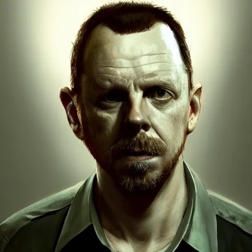 Image similar to simon pegg portrait, horror core, apocalyptic, pool cue, sharp focus, fiction, hyper detailed, digital art, trending in artstation, cinematic lighting, studio quality, smooth render, unreal engine 5 rendered, octane rendered, art style and nixeu and wlop and krenz cushart