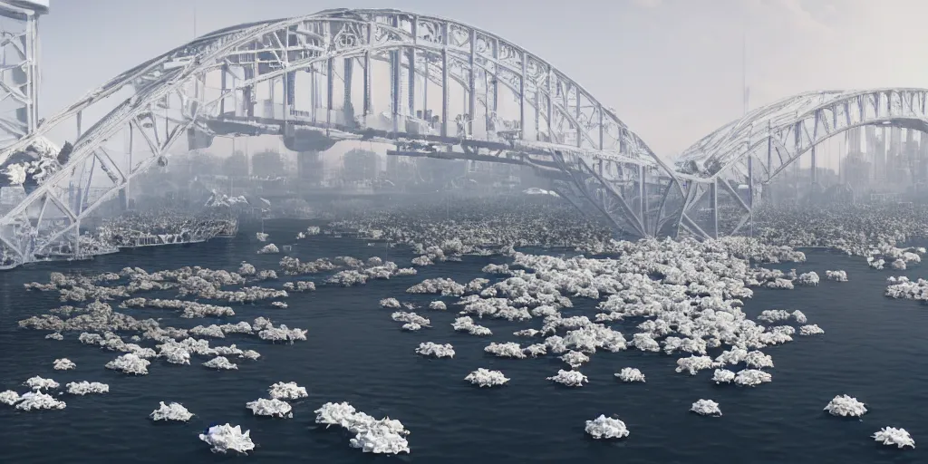 Image similar to explosions in the form of realistic white cotton plants on harbour bridge, huge white cotton everywhere on the destroyed harbour bridge, smooth, sharp focus, highly detailed, 3 d octane render, epic lighting, lots of white cotton, 8 k, by miyazaki