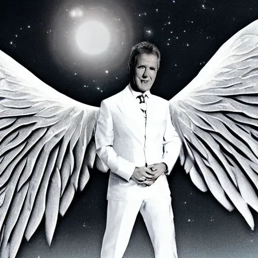 Prompt: alex trebek as an angel, futuristic, dreamy, wings spread