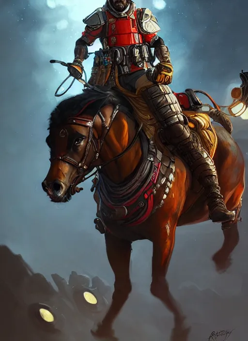 Prompt: portrait of apex legends francisco pizarro mounting a badass horse, intricate, elegant, glowing lights, highly detailed, digital painting, artstation, glamor pose, concept art, smooth, sharp focus, illustration, art by artgerm and greg rutkowski, artey freytag