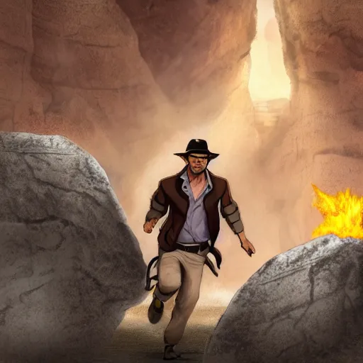 Prompt: Indiana Jones being chased by a boulder trap, boulder chase, underground ancient stone temple background, Indiana Jones running away from big round stone, raiders of the lost ark, detailed background, anime key visual