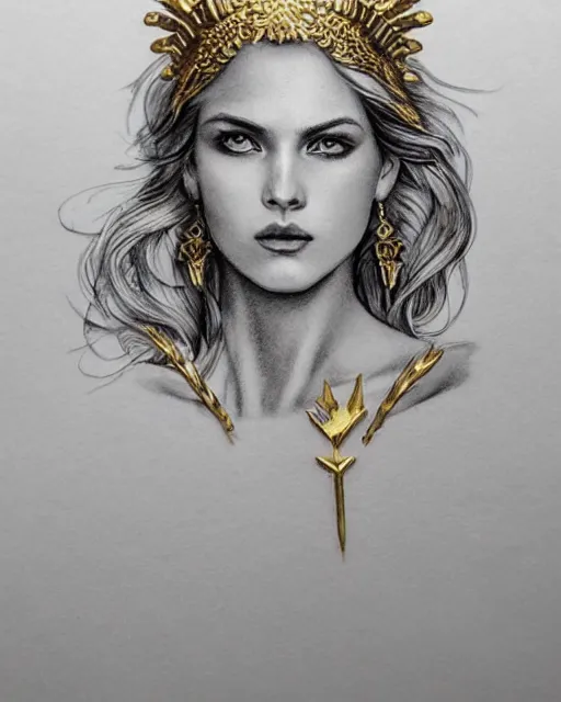 Image similar to tattoo sketch of beautiful super model aphrodite greek goddess wearing a gold laurel wreath and triangle earrings, beautiful piercing gaze with sharp pupils, beautiful blonde hair, in the style of greg rutkowski, fantasy, amazing detail, epic, elegant, smooth, sharp focus, front view