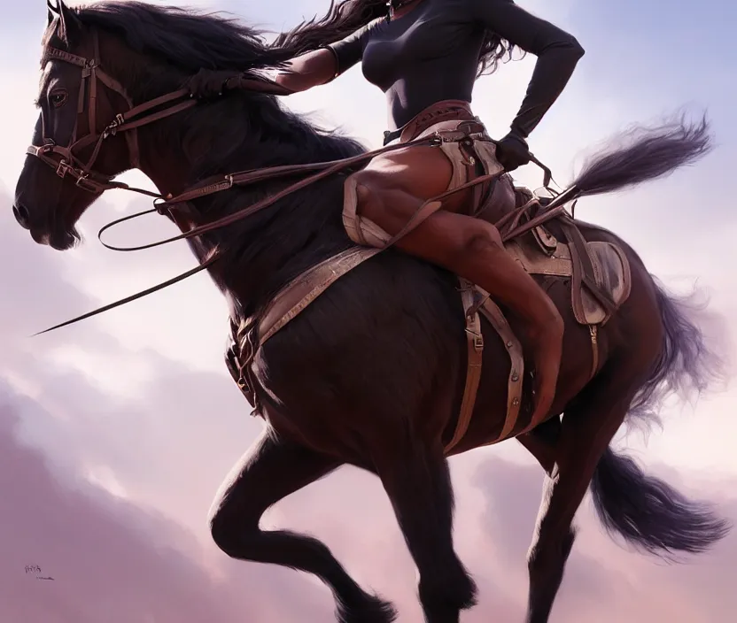 Image similar to full body portrait of beautiful black woman on horseback, striding clydesdale, cinematic, highly detailed, digital painting, artstation, concept art, smooth, sharp focus, illustration, face by wlop, illustrated by mars ravelo and greg rutkowski