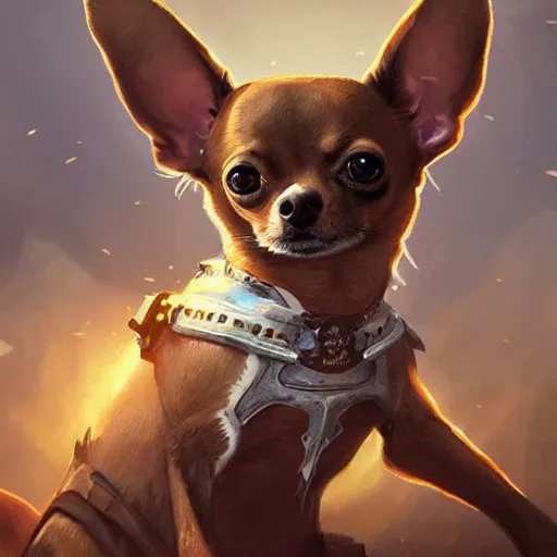 Image similar to tan coloured chihuahua Dog, battle armour, Anthropomorphized, casting epic spell, magic the gathering artwork, D&D, fantasy, cinematic lighting, centered, symmetrical, highly detailed, digital painting, artstation, concept art, smooth, sharp focus, illustration, volumetric lighting, epic Composition, 8k, art by Akihiko Yoshida and Greg Rutkowski and Craig Mullins, heroic pose, oil painting, cgsociety, magic lab background