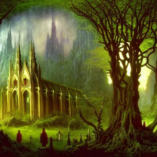 Image similar to a beautiful and highly detailed matte painting of an elven cathedral in a magical celtic forest, otherworldly trees and plants and flowers, detailed spires, by caspar friedrich, albert bierstadt, james gurney, brian froud,