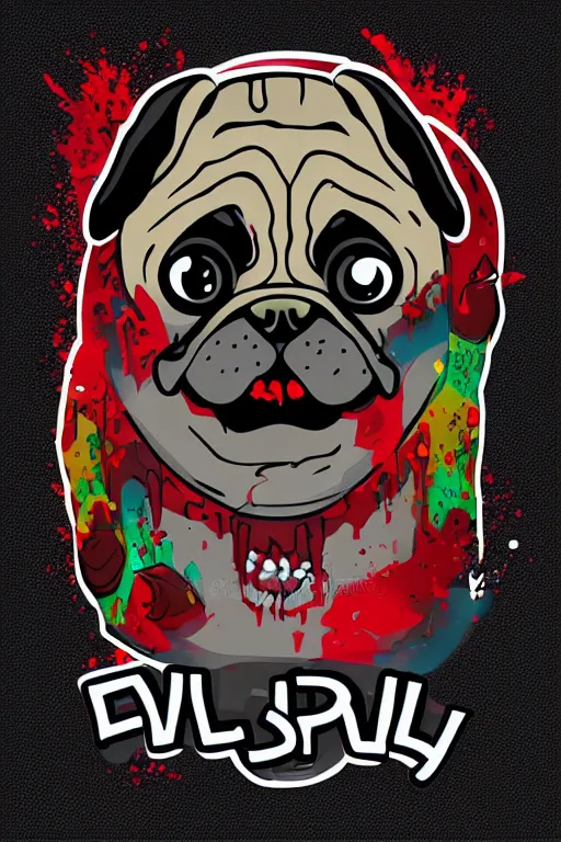 Image similar to Evil pug, the devil, sticker, blood thirsty, spawn of Satan, blood, evil, colorful, illustration, highly detailed, simple, smooth and clean vector curves, no jagged lines, vector art, smooth