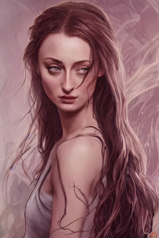 Prompt: Sophie Turner with a ponytail, anatomy, cute, fantasy, intricate, elegant, highly detailed, digital painting, 4k, HDR, concept art, smooth, sharp focus, illustration, art by artgerm and H R Giger and alphonse mucha