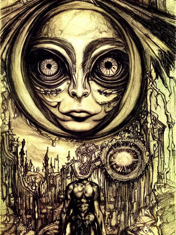 Prompt: 👁 one-eyed single-eyed 1-eyed fantasy Greek Cyclopes concept art with one huge eye. High details, realistic, fantasy art, solo, masterpiece, portrait painting, saturated colors, art by Arthur Rackham, Muzinabu