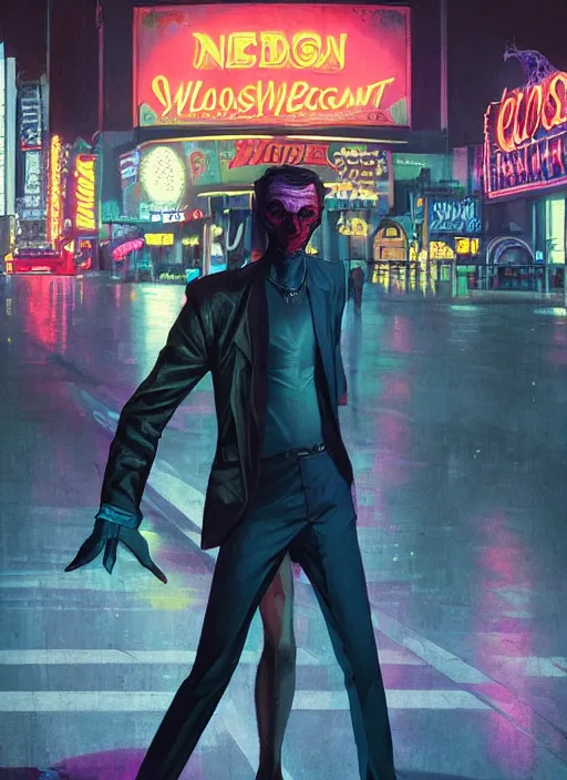 Image similar to 35mm kodak portra photograph of a shadowrun vampire on the Las Vegas strip at night by tomer hanuka and tom bagshaw, handsome face, blood, urban fantasy, hyper realism, high detail, octane render, 8k, trending on artstation, CGsociety, concept art