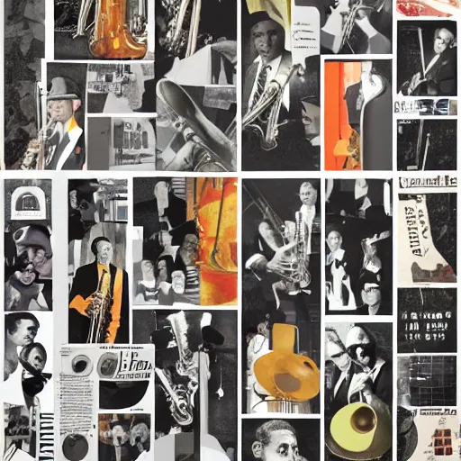 Prompt: A collage of a jazz band, mid-century modern, made of random shapes cut from magazines and newspapers