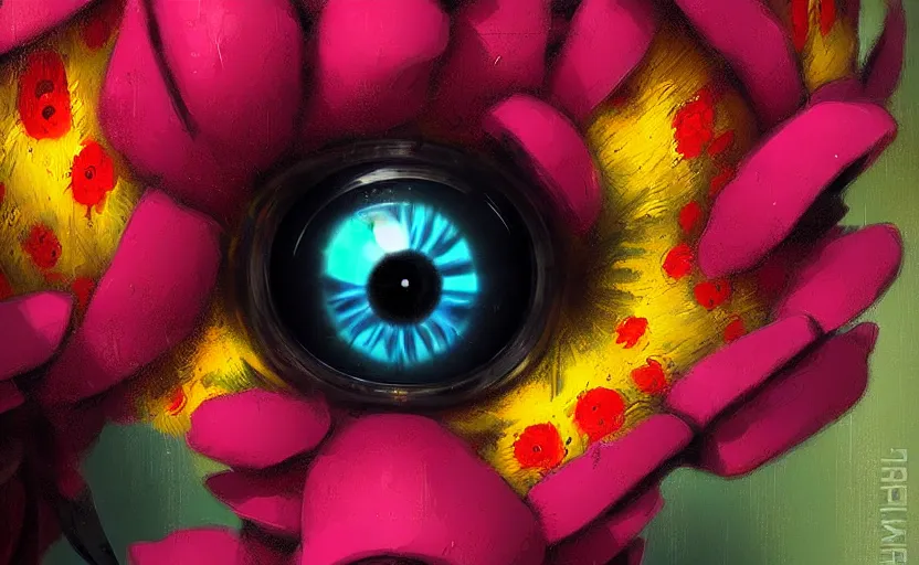 Prompt: close up of a beautiful flower with robot eyes in the middle maximalist bold colors by Greg rutkowski