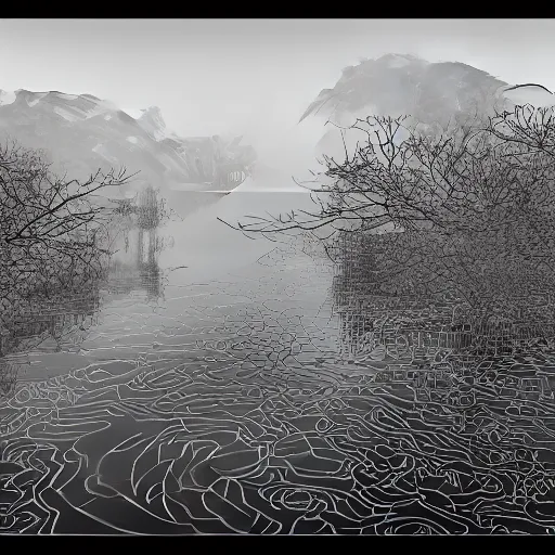 Image similar to remains of the stems of lotus flowers mirrored on a river and looking like sharp geometric scribbles, soft Chinese bridge contour far in the background, light fog, highly detailed black and white photograph by René Burri, 35mm, f/11, ISO 100, concept art, cgsociety, octane render, trending on artstation, artstationHD, artstationHQ, unrealengine