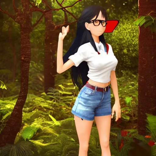 Image similar to nagatoro using white and red tight raglan sleeves, tight blue jeans and cool shoes in a tropical forest, epic fire ombre hair, artstation, 3 d ray tracing, lumen octane render flawless masterpiece