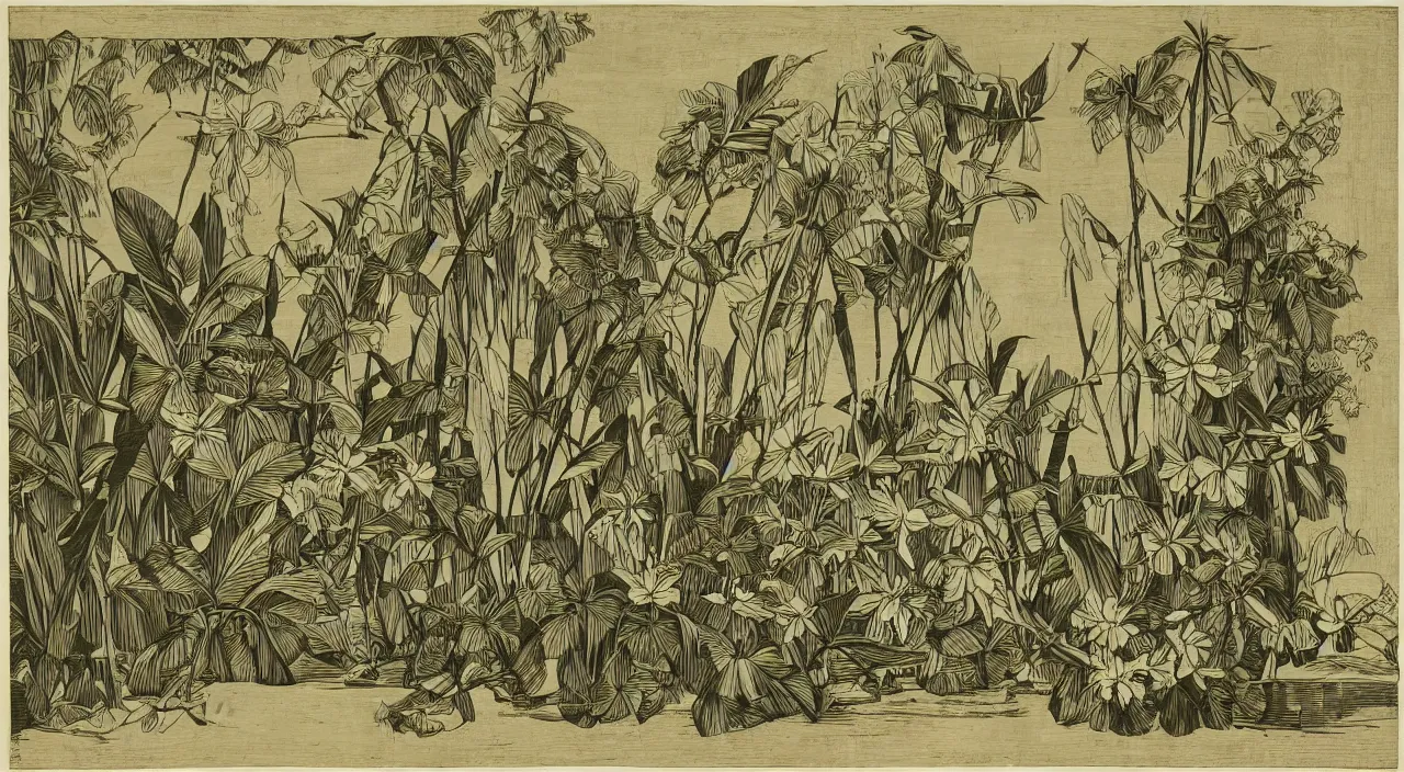 Image similar to a woodcut of the tropics made of orchids and timber by Endre Bálint and Barthel Bruyn the Younger