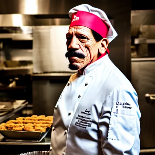 Prompt: photo of danny trejo working as a pastry chef, 8 k, 5 2 mm f 1. 8