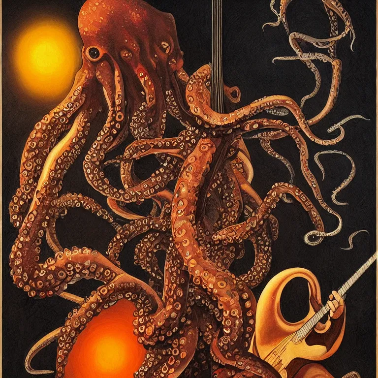 Image similar to a beautiful painting by gerald brom of a couple of octopus playing drums and telecaster guitar in an electronic concert, black background, concert light, dark mood, warm lights