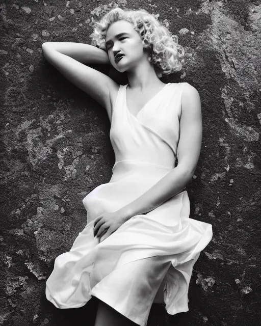 Prompt: photo of a model, julia garner, wearing a white dress, black hair, beauty, full body portrait, greg kutkowski, sharp details, soft lighting, subsurface scattering, pearls of sweat, glistening skin, warm lighting