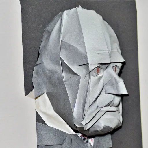 Prompt: origami winston churchill during the blitz, folded, paper