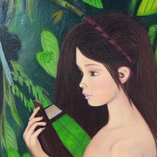 Image similar to a girl in a jungle with book, her hair flowing down, subtle, intricate details, real masterpiece, oil on canvas, by somsak anong