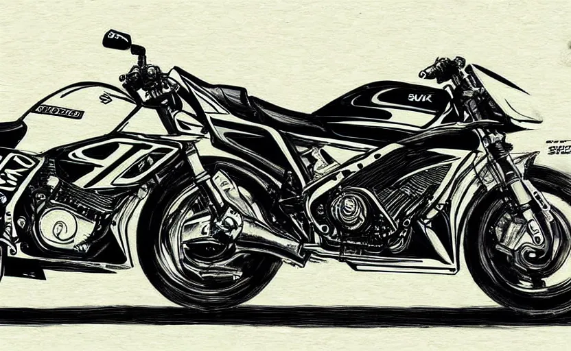 Prompt: 1 9 9 0 s suzuki streetfighter motorcycle concept, sketch, art,
