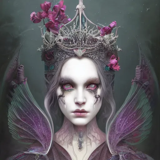 Image similar to tom bagshaw, soft painting fractal curiosities fairy carnival, single beautiful queen in full nightshade gothic armor, accurate features, focus, very intricate ultrafine details, black white purple volumetric clouds, award winning masterpiece, octane render 8 k hd