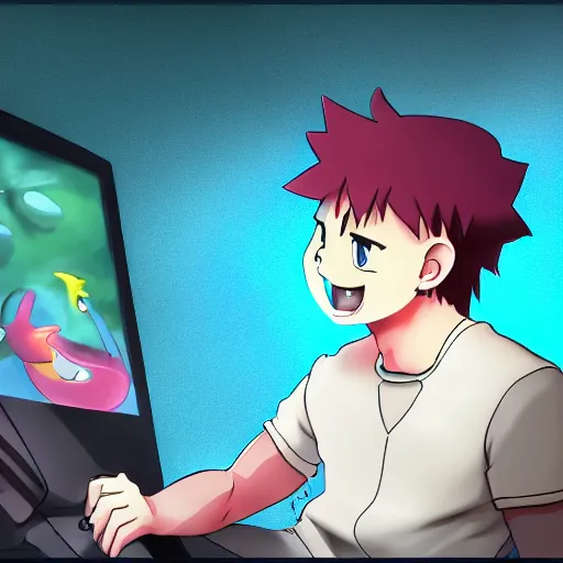 Prompt: Gary Oak laughing at a computer screen, 4k, concept art, digital painting, detailed, artstation, art by Hayako Miyazaki