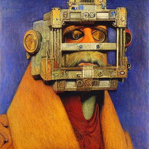 Prompt: the robot king with his bird mask, by Annie Swynnerton and Diego Rivera and Elihu Vedder, symbolist, dramatic lighting, elaborate geometric ornament, Art Brut, soft cool colors,smooth, sharp focus, extremely detailed, Adolf Wölfli and Donato Giancola