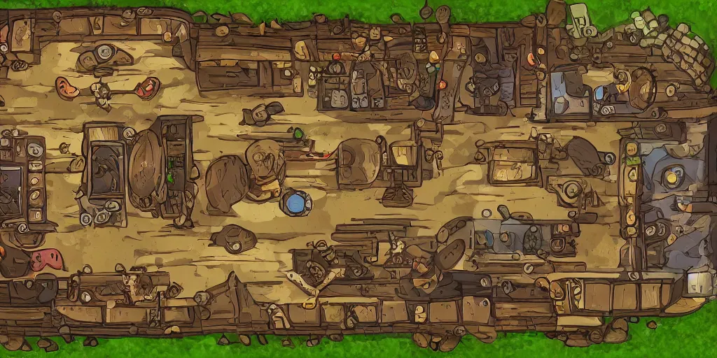 Image similar to A high detailed vector art presenting an aerial view of a RPG tavern by dofus , Patreon content, containing tables and walls, HD, straight lines, vector, grid, dnd map, map patreon, fantasy maps, foundry vtt, fantasy grounds, aerial view ,dungeondraft , tabletop, inkarnate, dugeondraft, roll20