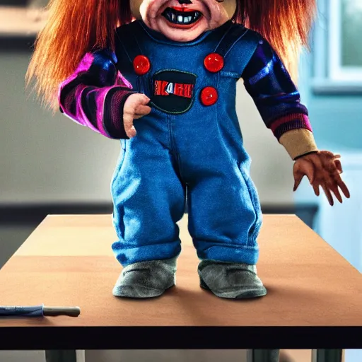 Prompt: chucky the killer doll standing on a work bench table