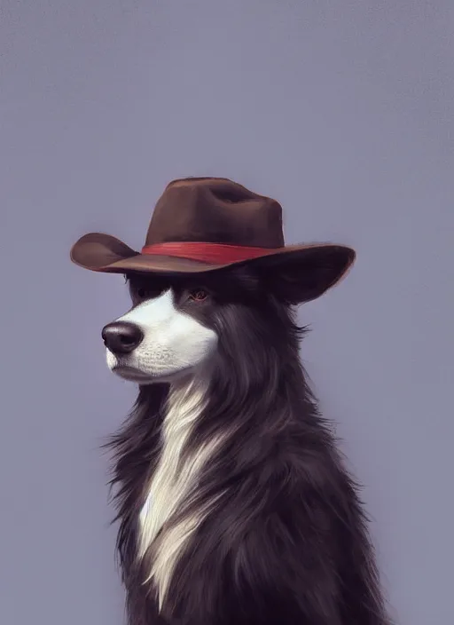 Image similar to wide angle beautiful full body portrait of a strong male anthropomorphic anthro border collie fursona in cowboy hat sitting on a curb, character design by charlie bowater, henry asencio, and ross tran, disney, detailed, sharp focus, matte, aesthetic, trending on artstation, furaffinity, deviantart