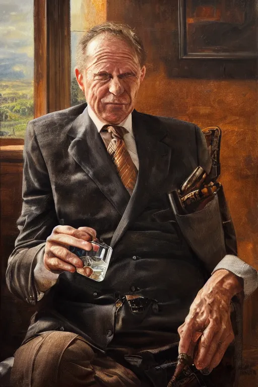 Image similar to retired barney, sitting in a lounge, sipping whiskey and smoking a cigar, oil on canvas, intricate, portrait, 8 k highly professionally detailed, hdr, cgsociety