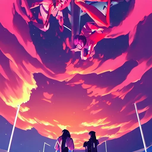 Image similar to Neon Genesis Evangelion. by Lois van baarle, ilya kuvshinov, and rossdraws. Blazing clouds