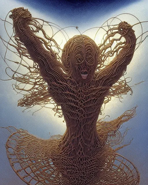 Image similar to conjuring!!! an image!!! from noise!!!, by michael parkes, peter gric, and larry elmore, intricate, chaotic, hopefull, volumetric lighting