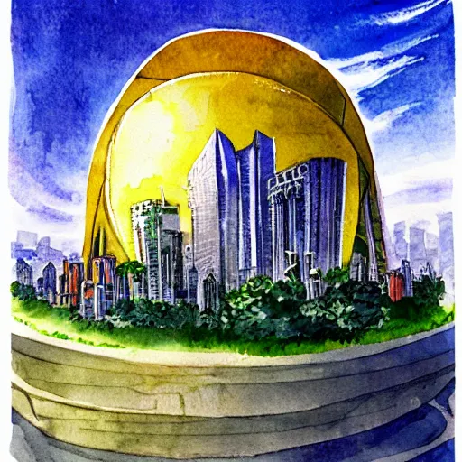 Image similar to a solarpunk domed city, watercolour