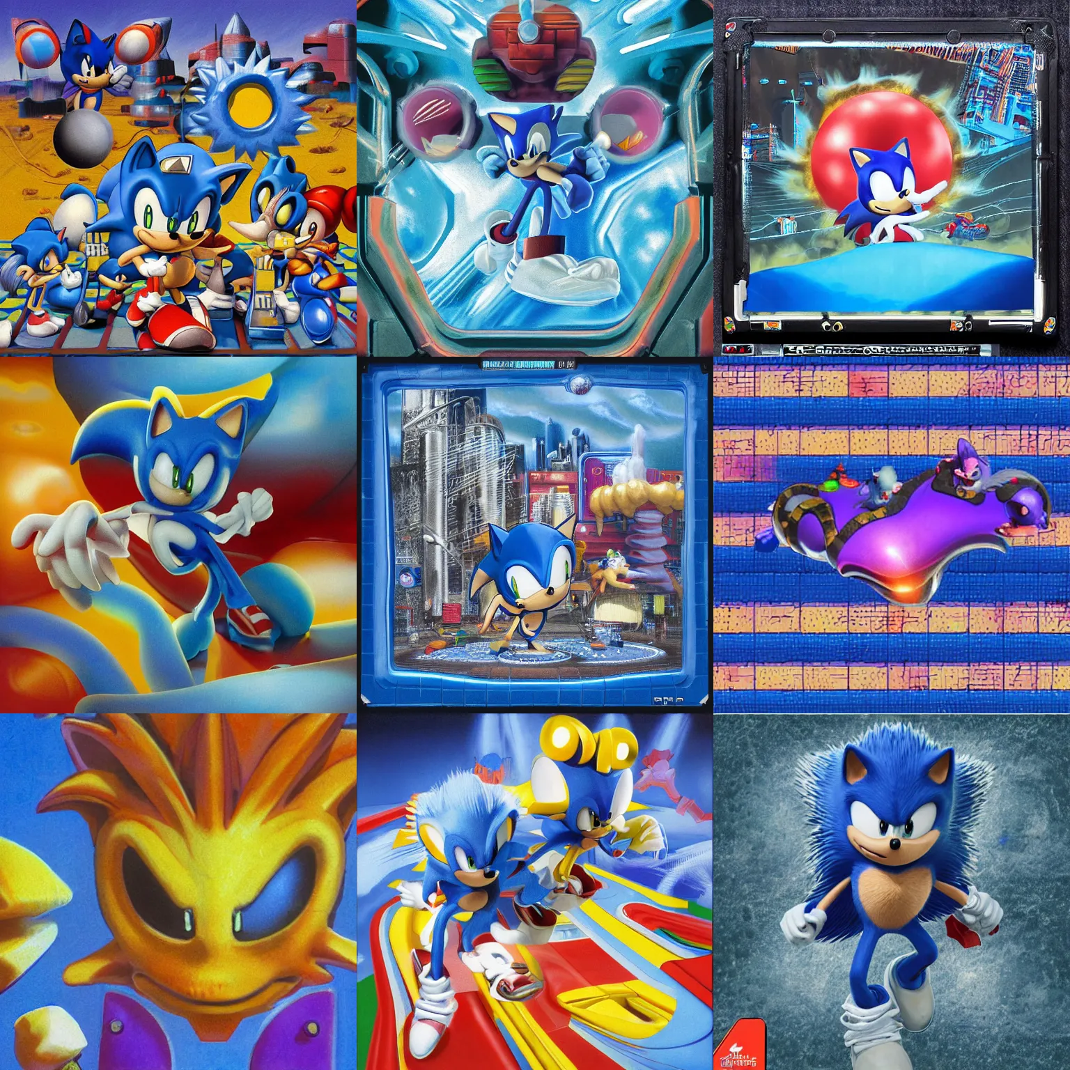 Prompt: sonic hedgehog portrait deconstructivist claymation scifi matte painting lowbrow tongue surreal sonic hedgehog, retro moulded professional soft pastels high quality airbrush art album cover of a liquid dissolving airbrush art tongue sonic the hedgehog swimming through dreams blue fisheye checkerboard background 1 9 9 0 s 1 9 9 2 sega genesis video game album cover