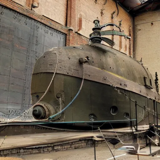 Image similar to Colour photo of steampunk submarine at dry dock