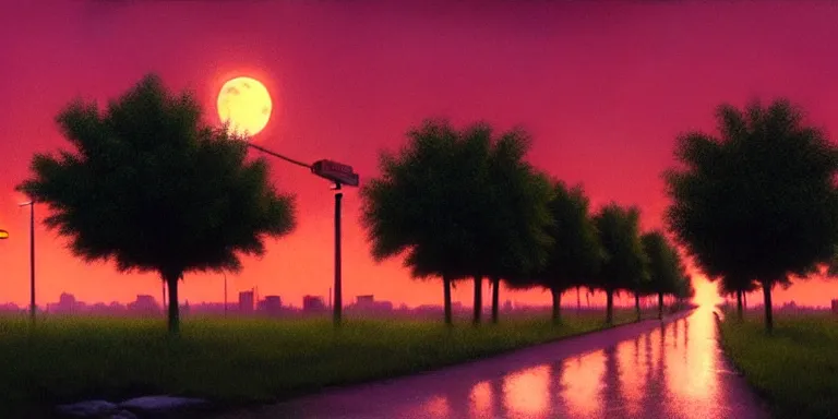 Image similar to cinematic keyframe matte painting of the trees 1 9 7 0 s vaporwave rust belt city at dusk full moon, just after the rain has cleared. by eric lafforgue, glennray tutor and edward hopper, greg rutkowski. trending on artstation.