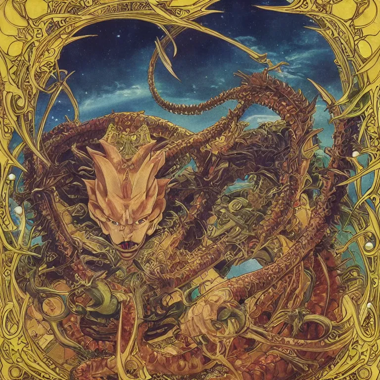 Image similar to portrait of Shenron The Eternal Dragon of the Earth Dragon Balls by Jeff Easley and Peter Elson + beautiful eyes, beautiful face + symmetry face + border and embellishments inspiried by alphonse mucha, fractals in the background, galaxy + baroque, gothic, surreal + highly detailed, intricate complexity, epic composition, magical atmosphere + masterpiece, award winning + trending on artstation