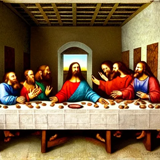 Prompt: The Last Supper by Da Vinci but Shrek instead of Jesus