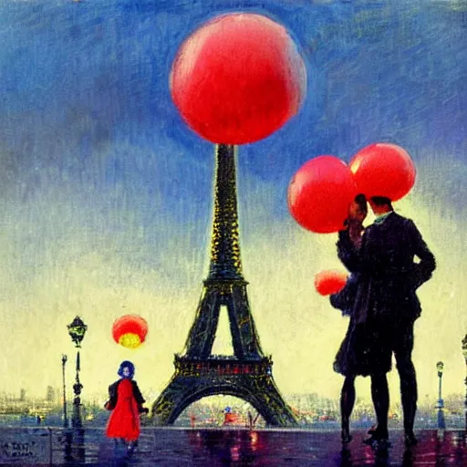 Image similar to two people standing in front of eiffel tower at trocadero holding red baloons, rainy day, strong colors, painting by eugene de lacroix,