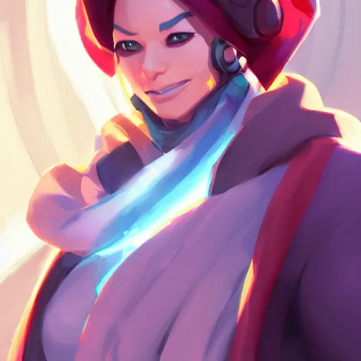 Prompt: a magic mechanic wearing a robe and a scarf. overwatch character, concept art, character design, artstation trending, by rossdraws, wlop, greg rutkowski, greg manchess