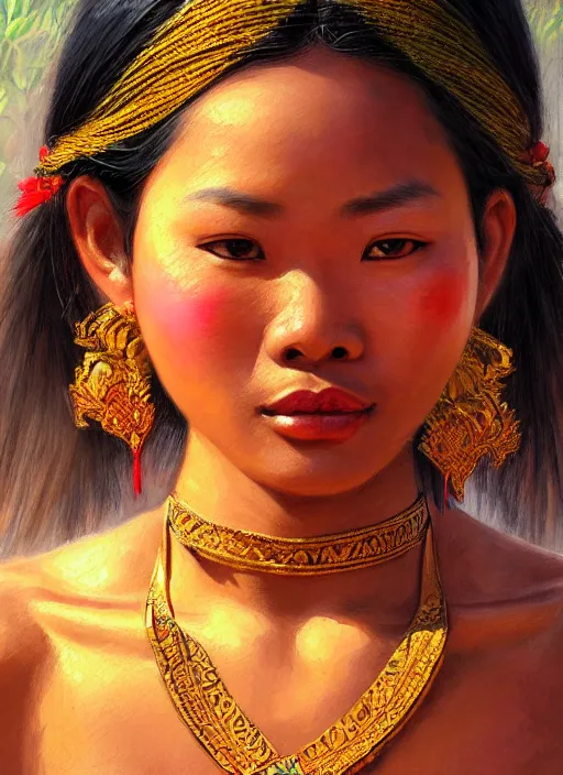 Image similar to portrait of a beautiful female khmer ethnic cambodia, closeup portrait, historical, ethnic group, traditional costume, elegant, loin cloth, highly detailed, oil painting, artstation, concept art, matte, sharp focus, illustration, hearthstone, art by earl norem