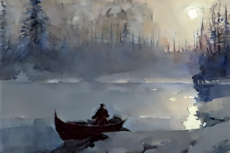 Image similar to watercolor painting of crystal clear ice lake, reflective, winter, fog and snowfall, ambient lighting, art by anders zorn and winslow homer, wonderful masterpiece by greg rutkowski, cinematic light, american romanticism by greg manchess, creation by tyler edlin