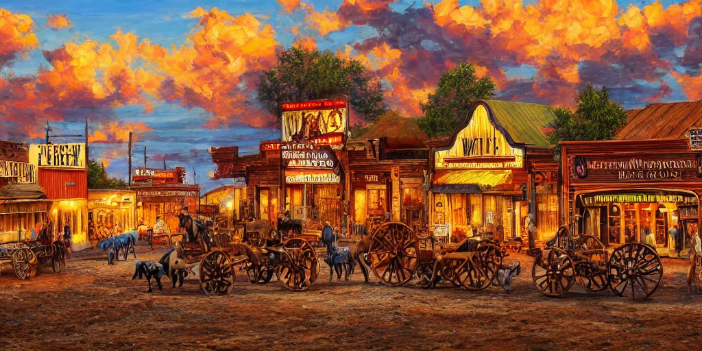 Image similar to oil painting of wild west town, western, old west, vivid colors, warm colors, high production value, intricate details, high resolution, hyperrealistic, hdr, high definition, masterpiece, ultra realistic, highly detailed, hd, sharp focus, non blurry, sharp, smooth