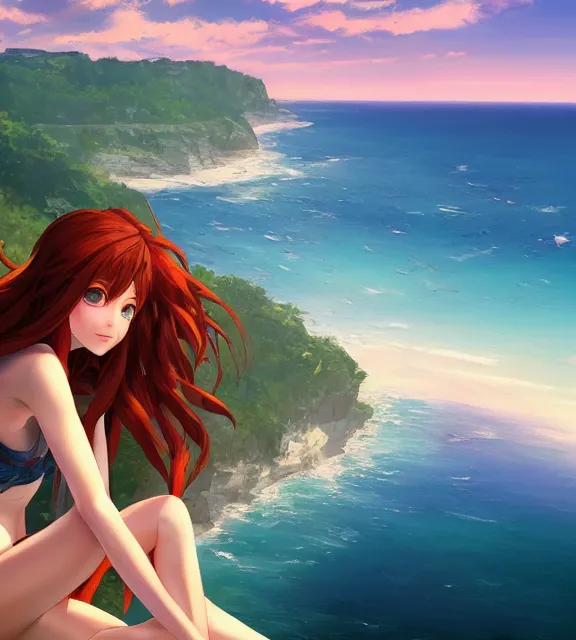 Image similar to a girl with long flowing auburn hair sitting on a cliff overlooking a beach. vivid colors, soft lighting, atmospheric, cinematic, moody, in the style of ilya kuvshinov and range murata, krenz cushart, rule of thirds, oil on canvas, 8 k.