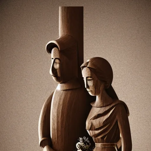 Prompt: wooden statue of a wedding :: 2d matte :: poster 1980s style